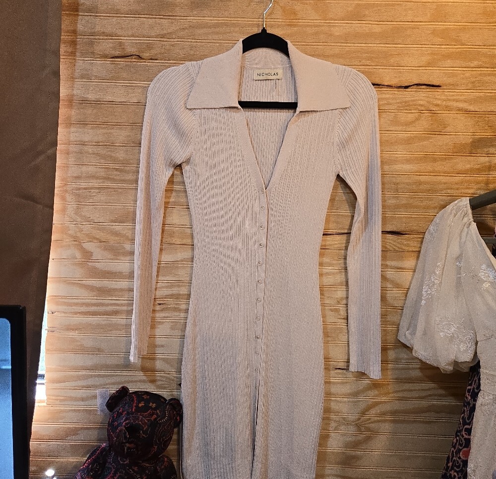 NICHOLAS Ribbed Button-Front Mini Dress in Light Beige - Picture 2 of 6